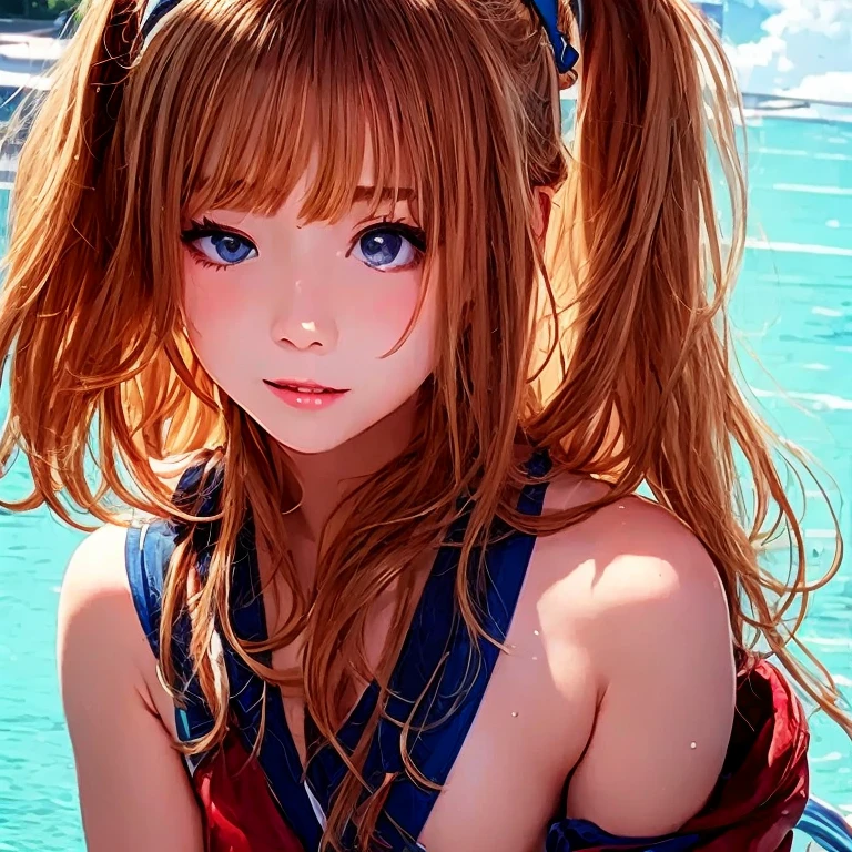 Souryuu Asuka Langley from Neon Genesis Evangelion, masterpiece, best quality, highest detailed, extreme detailed), detailed clearly, detailed shape, ultra detailed, highres, (beautiful detailed eyes), bokeh, (intricate details, hyper detailed:1.15), best quality, amazing quality, very aesthetic, absurdres, (official art), delicate figure, delicate skin, perfect eyes, watery eyes, (anatomically correct:1.3), fashion photography of exquisitely beautiful woman with shiny hair, 18 years old, (slender:1.1), (large breasts:1.1), (competition swimsuit), looking at viewer, squatting, (smile:1.3), (sunny midsummer Australian sandy beach:1.26)