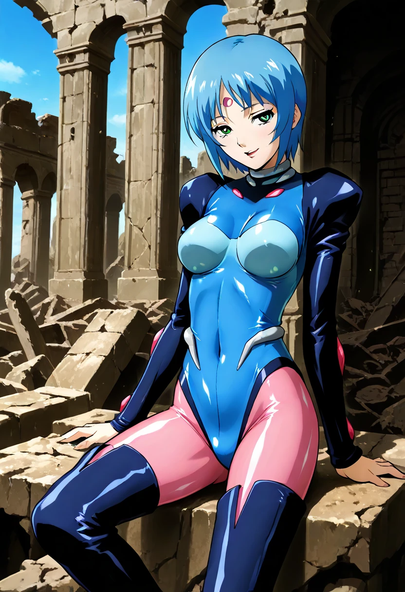 ultra-detailed, Explicit, Beautiful body, Beautiful Nose, Beautiful character design, perfect eyes, perfect face, ultra highres, 4K, beautiful legs, perfect legs, Nice hands, Perfect hand, Masterpiece, Best Quality, Highly detailed, illustration, absurdres, perfect anatomy, expressionless, blank eyes, emotionless,corruption, mind control, female combatant, full body, hypnotized, unhappy trance, full body suit, ribbed bodysuit, both arms at side, obey, perfect female body, looking at viewer, hypnosis, hypnoLora, empty eyes, Mind control device, poses, submissive_pose, Slave, Fighting Stance,numbersuit, two-tone bodysuit:0.9, blue bodysuit:0.9, light blue bodysuit:0.9, (((pixel-perfect, detail-perfect))) 1girl, solo, hair ornament, medium breast, ciel_(tsukihime), blue hair, blue eyes, short hair, glasses, (((sitting on throne, throne, sitting)))