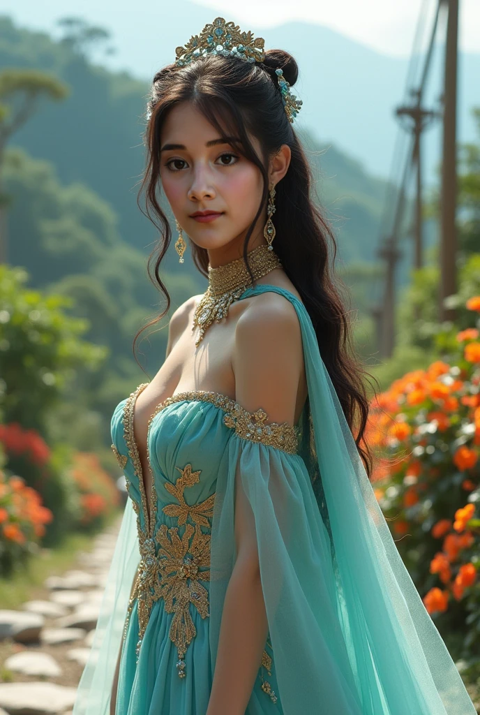 Apenas 1 mulher arafed em um vestido azul claro com uma cachoeira no fundo, corpo inteiro, muito bonito Top model do Rio de Janeiro, Handsome elven character with smile, Elven princess with long black hair, beautiful elven princess, Elven Queen Galadriel, cosplay realista, Imperatriz de cabelo preto longo, Rio de Janeiro, costume photo shoot, elfo feminino bonito e elegante