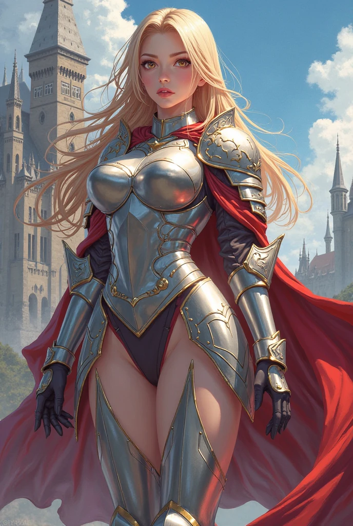 (Masterpiece, Superb Detail, Super Detailed, High Resolution), Male Focus, (((Female Armor))), (((Armor Dress Set))), (She Has Long Blonde Hair, Big Breasts, Slim), (Standing Pose), Pose for Photo, Top View, City Ruins, Background Details, (((Full Body)), From Above, Solo