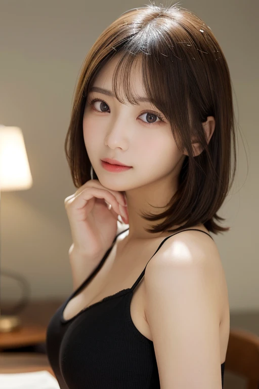 (8K highest quality)、（beautiful）、Precision Eyes、Fine skin、22-year-old female、Stylish、Brown eyes、Soft Breasts、Brown Hair、looking at the camera、Sit on the sofa、lingerie、Small lips、Semi-short hair、Natural Lip