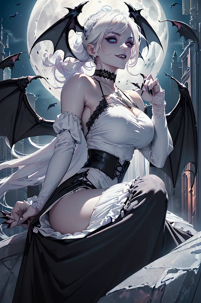 1girl,solo,huge breasts, ghost costume , (hitodama) ,night, tombstone, graveyard,,, long sleeves, very long sleeves, , ghost, ultra pale skin,, off shoulder, cleavage, no bra, extremely long white hair, lying on geound in graveyard, bare legs, tattered clothes, curvy wide hips, massive breasts, chubby thighs, beautiful pink eyes, top down. Looking down, crying, mascara, with white Oni horns, massive breasts, giant tits (full body), (long beautiful legs), bones, skulls