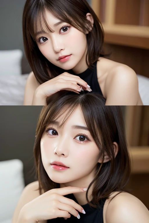 Highest quality, Very detailed, finely, High resolution, 8k wallpaper, Perfect dynamic composition, Beautiful and exquisite,ランダムなcute髪,,Natural color lip, Bold sexy pose,smile、20-year-old girl、cute、Looking into the camera,Perfect and beautiful face,Slim face and figure,Big eyes、Gal Makeup,Small face,Shooting from below、smile,Blurred Background,Elegant feminine face、Change pose randomly、Randomly change the shooting angle and position、smile、Top to bottom々Shoot from the right angle and direction、Sexy Face、On the bed、Wearing a see-through nightgown、Close your eyes and wait for the kiss
