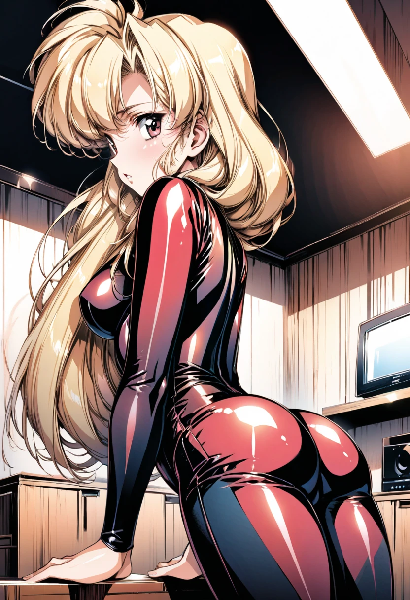 (masterpiece), (best quality), hoshino_ruri_(nadesico), 1girl, blonde hair, twintails, hair ornament, latex bodysuit, breasts, looking at viewer, green eyes, restaurant, indoors