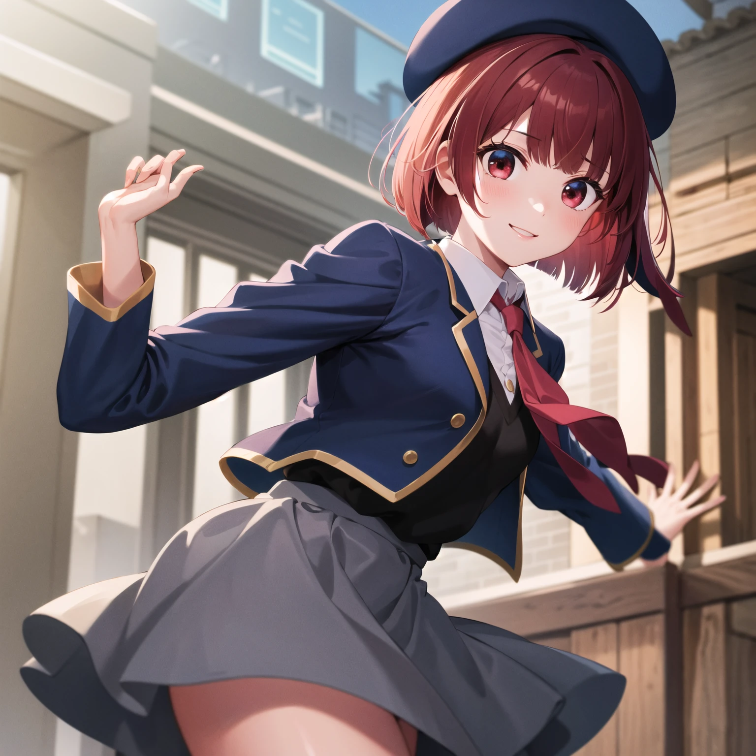 Masterpiece, armor, High resolution, aakana, aakana, short hair, beret, Red Eyes, blue hat, red tie, shirt with collar, blue jacket,  open jacket, long sleeves, gray skirt,  in front, cowboy suit,  smile, outdoor, hands waving, Another hip hand