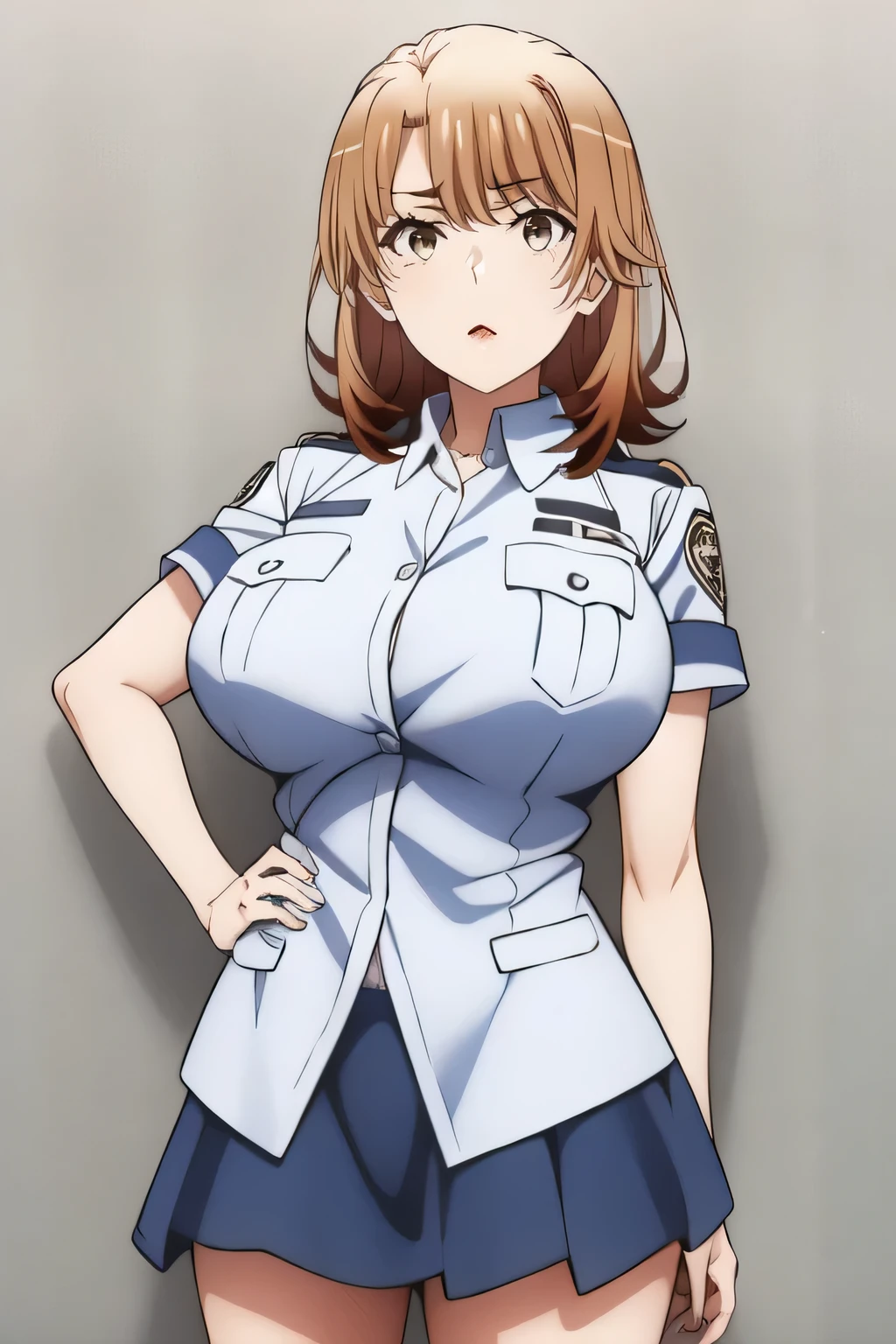 Beautiful Smile of Woman ,brown hair short hair of a woman,,20 years old of a nice smile of an adult of woman,in miniskirt police uniform,Can you see through her nipples、can you see through her nipples,,Big breasts、 of ,I need a face,After a white blouse,Navy Blue of Pleated Miniskirt,