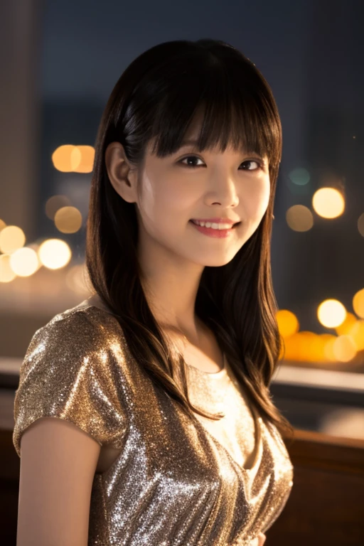 1girl,(wearing a sleeveless glittery evening dress:1.3),(RAW photo, best quality), (realistic, photo-realistic:1.4), masterpiece, an extremely delicate and beautiful, extremely detailed, 2k wallpaper, Amazing, finely detail, extremely detailed CG unity 8k wallpaper, ultra-detailed, highres, soft light, beautiful detailed girl, extremely detailed eyes and face, beautiful detailed nose, beautiful detailed eyes,cinematic lighting,city lights at night,perfect anatomy,smiling <lora:aizawarina_lora:0.7>
