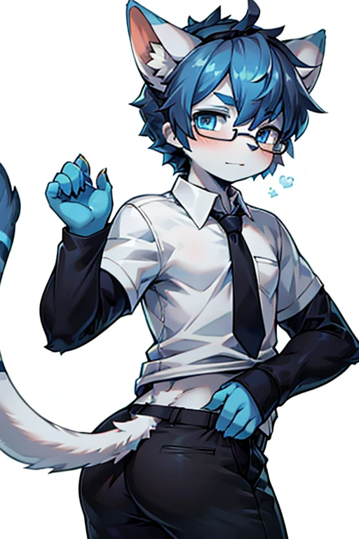 solo, looking at viewer, bangs, blue eyes, simple background, shirt, black hair, gloves, 1boy, white background, animal ears, blue hair, tail, ahoge, white hair, male focus, multicolored hair, necktie, glasses, black gloves, streaked hair, animal ear fluff, black pants, crown, semi-rimless eyewear, black-framed eyewear