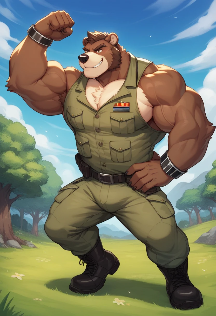 Grizzly Bear, good looking, male, anthro, ultradetailed, muscular, solo, bareness, rippling muscles, muscles, military camp background, tail, serious, big pecs, looking at viewer, military tank top, doggy tag, bara, big muscles, tug-a-war