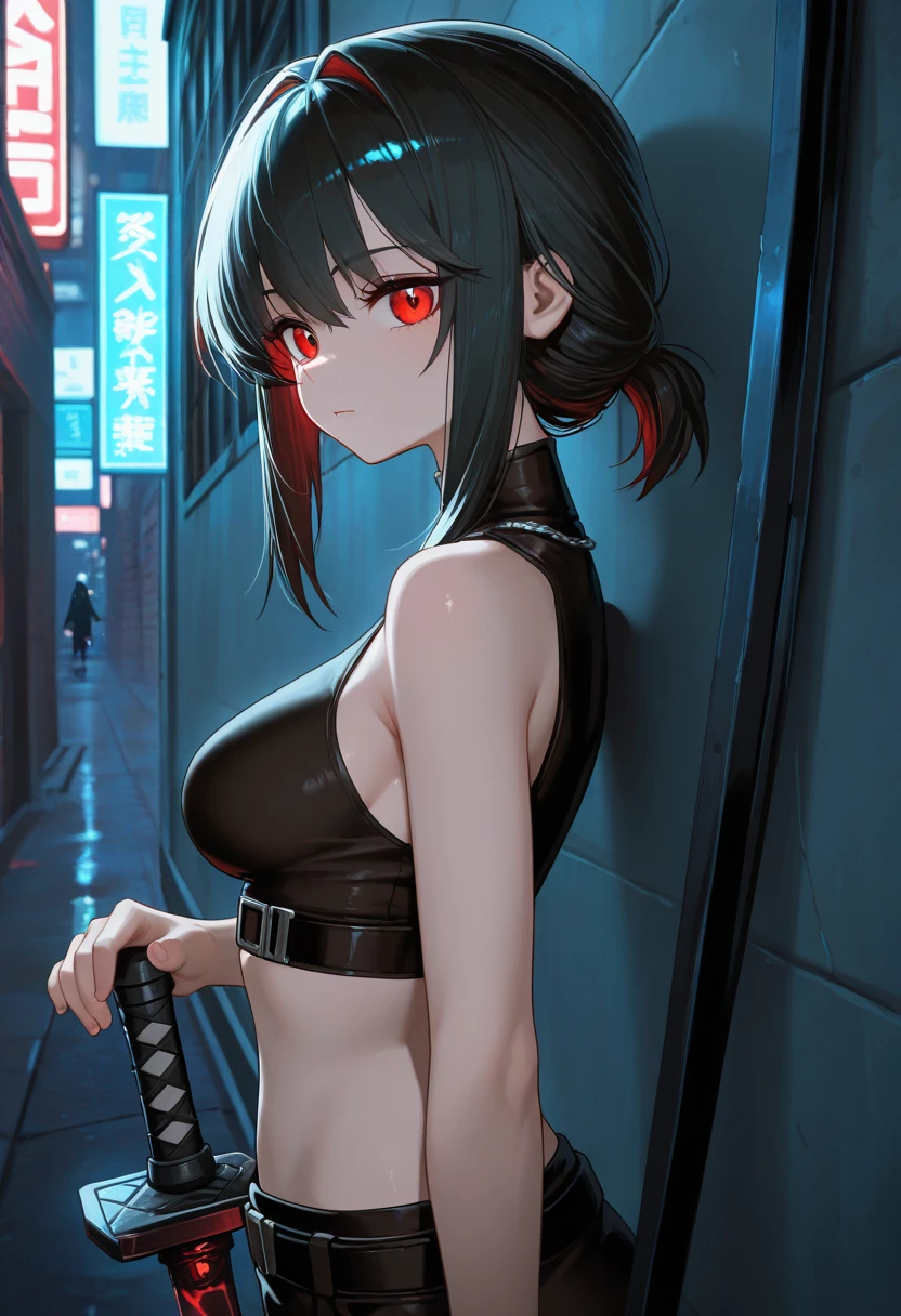 1girl, black survival suit, black hair, red eyes, dark alley, red graffiti, japanese led, fog, 8k, ambient occlussion, focus on subject