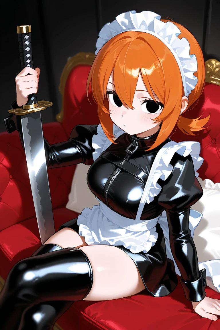 One girl, Animal ears, Animal Hands, apron, BDSM, bikini, black bikini, black bowtie, black gloves, bow, bowtie, chest, chest apart, Cat ear, cat tail, collar, elbow gloves, fake Animal ears, fake tail, tooth, フレームからfeetが外れている, frilled apron, Frills, gloves, Green Eyes, hair ornaments, Hair Clip, Leash, View your viewers, Maid, medium chest, micro bikini,Orange Hair, Lips parted, paw gloves, feet, pet play, short hair, side-tie bikini bottom, Skin dents, slave, smile, Focus Only, Speech bubble, Swimwear, tail, Knee socks, white apron, White Background, white Knee socks