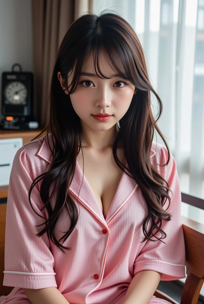 (Best-quality, Masterpiece, Ultra-High-Resolution, (Photorealistic:1.5), Raw Photo, depth of field, professional lighting, perfect anatomy, extremely details), 1girl, 15-years-old, the most famous Japanese idol, (extremely cute face like the most popular Japanese idol, ((extremely cute and extremely big eyes)), extremely beautiful hair, extremely beautiful skins), extremely cute long-eyelashes, extremely cute lips, 
in private-room, 
wearing pajamas with cute-design, detailed pajamas-with-cute-design, 
(ingesting methamphetamine, very excited):1.5)
