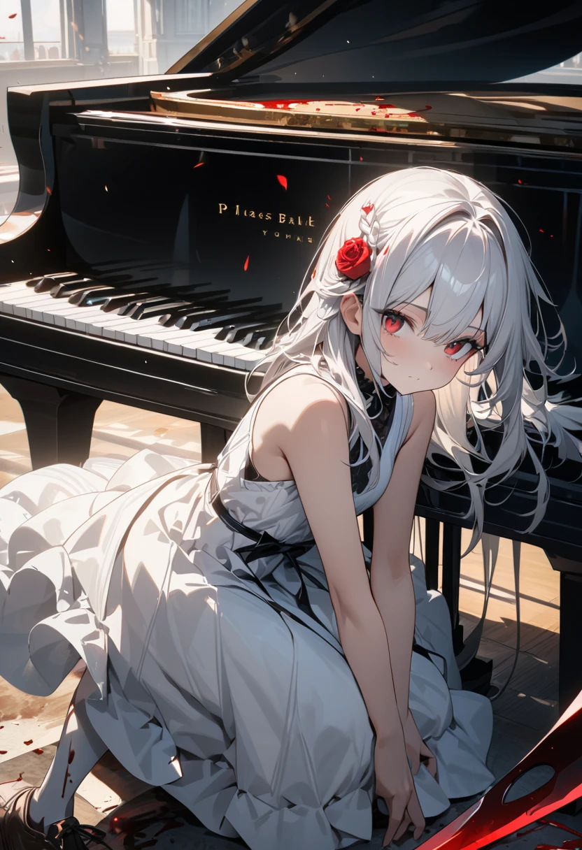 piano. albino girl playing the piano, red eyes, white hair, neon, holographic dress, piano, masterpiece