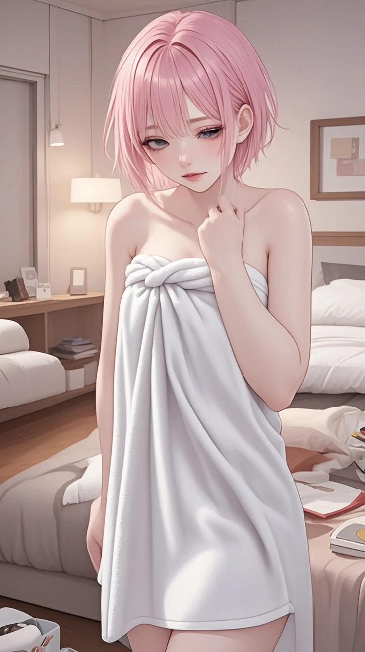 18 years old girls,tmasterpiece,Shy face,Bob Head,Light pink shirt,No bra,did not wear panties,The lower body is naked,Bare legged,Barefoot,sit on a bed,Snow-whiteskin,overcast day,with pink hair,a pink eyes,thick thight,wallpaper,nsfw