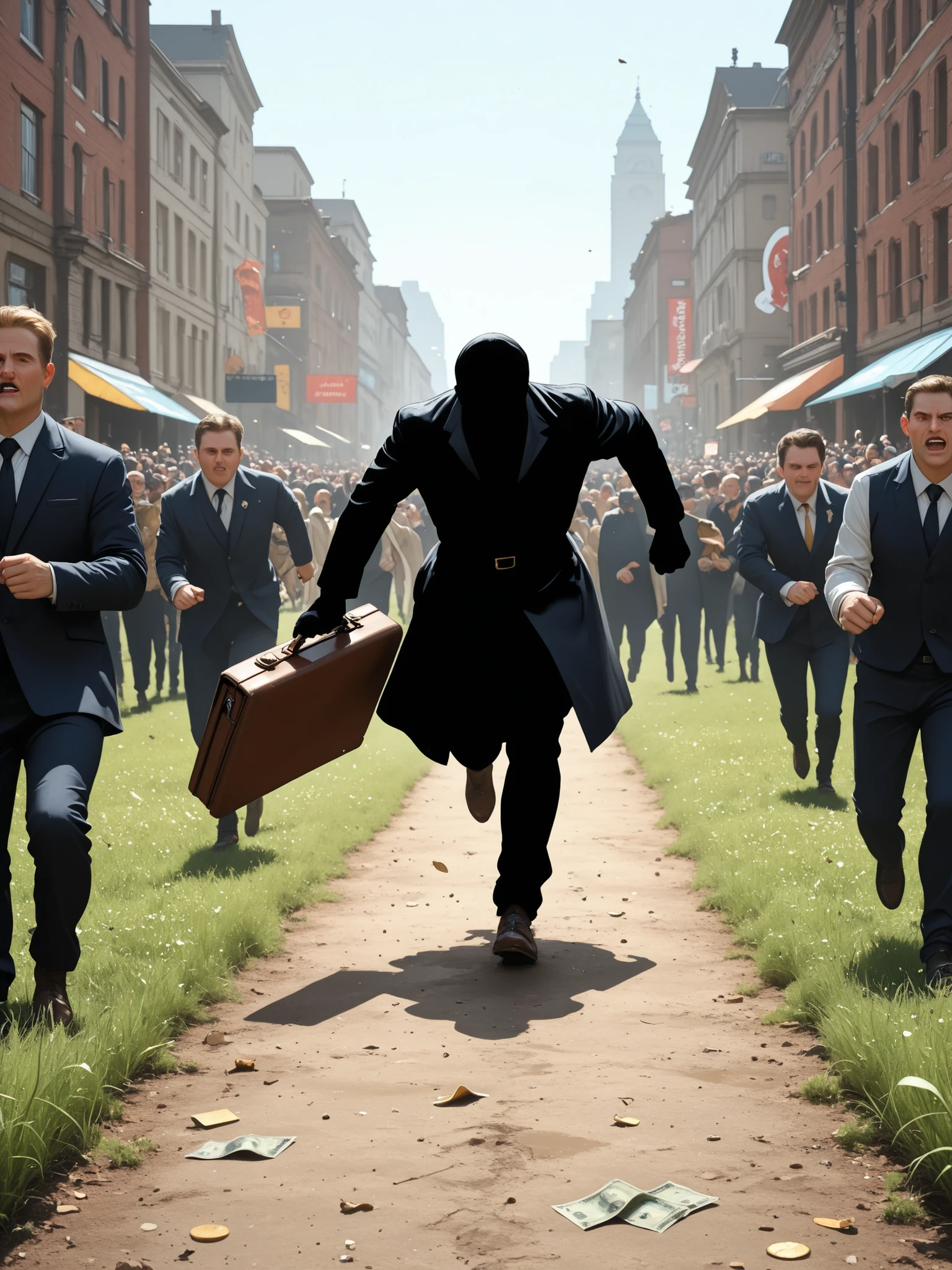 A billionaire man silhouette afraid with no face visible holding a briefcase full of money from which banknotes are fleeing, he’s escaping and running fast in a leek’s field, purchased by an angry crowd and some protesters. There is the big title “LA GREAT FUITE OF LA BOURGEOISIE”, this title is menacing towards the billionaire. In a North by Northwest Hitchcock’s movie style