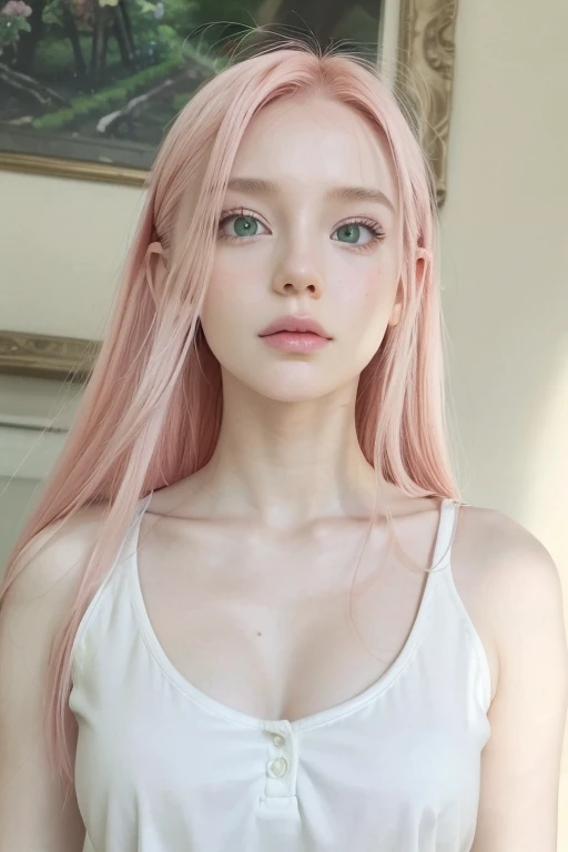 Hot girl, pink hair, blue eyes, red with shame, casual cloathing, sexy pose
