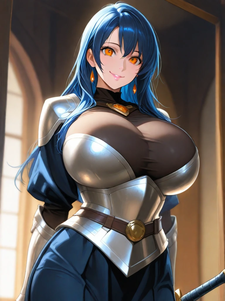 (High quality, High resolution, Fine details), a knightess in shining armor, medieval scene, castle in the background, solo, curvy women, blue hair, sparkling eyes, (Detailed eyes:1.2), smile, blush, Sweat, Oily skin, Soft tones, shallow depth of field, dramatic lighting, vibrant colors