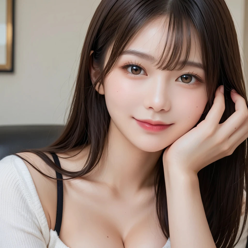 on the table, best quality, shape, super detailed, finely, High resolution, 8k wallpaper, perfect dynamic composition shape, Beautiful and delicate eyes,  natural lips, (big breasts:1.4), saggy breasts, cleavage, The chest is more exposed，casual sexy pose,original photo,Lovely,Smile、Skinny knitted dresses make your breasts look better～chest coordination～、Off the shoulders