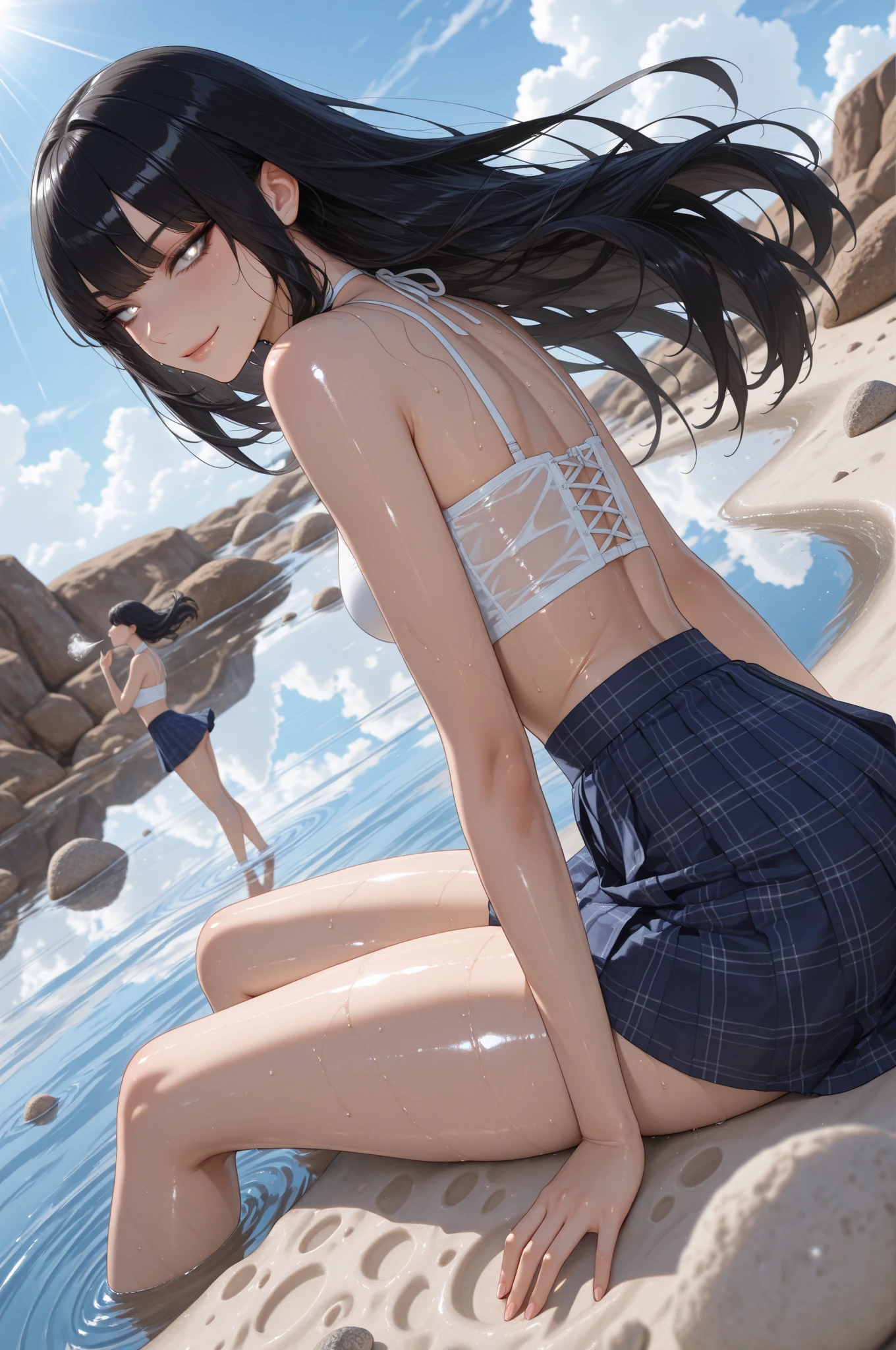 (superflat, flat shading, flat colors:1.1), (ruined city), multiple girls, (closeup), 18yo teen, slim, small breast, smile, tired, wading in water, white t-shirt, white panties, (mini skirt:1.1), (bottom, from behind), view from below, (low angle), blue sky, bright sunlight, (flood:1.2), street under water, city ruins, watercolor, (topless:1.2)
