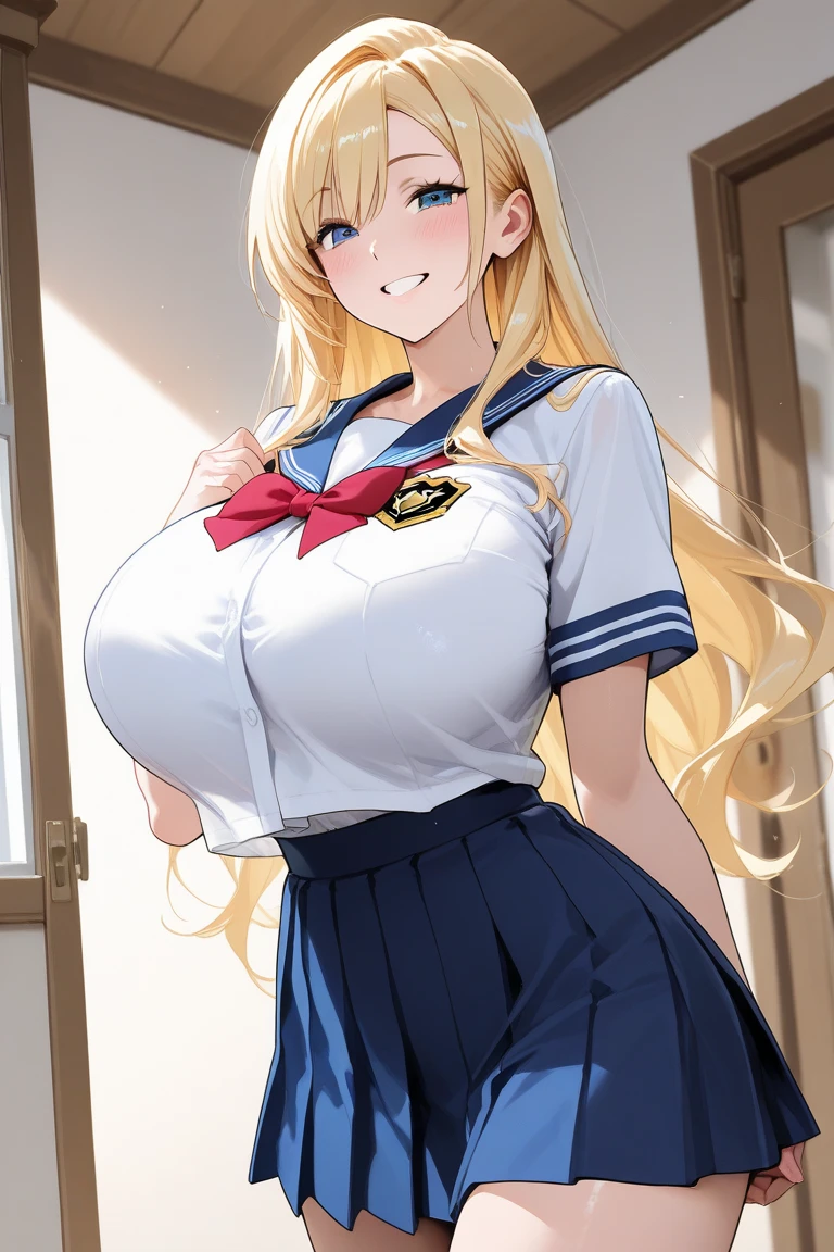 Minako Aino、mature girl、Are standing、Anime Women、solo、 Are standing、Long Hair、bionde、blue eyes、Half Up Hair、red hair bow、Sailor suit、、Blue sailor collar、Blue pleated skirt、White shirt、red neckerchief、Long sleeve、masterpiece、Highest quality、Detailed face、Detailed Eyes、High resolution、beautiful、detailed、absurdes、Big Breasts、A woman with very large breasts、Female focus、sexy atmosphere、mature atmosphere、Cowboy Shot、looking at viewer、(sexy body:1.3)、