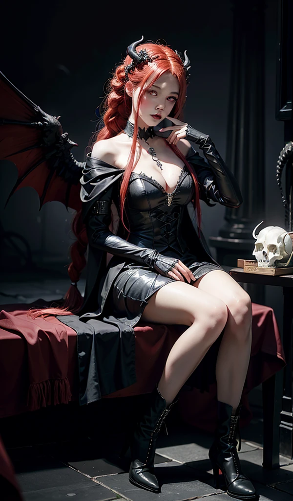 PERFECT MASTERPIECE, EXTREMELY DETAILED CG UNITY 8K UHD QUALITY RESOLUTION WALLPAPER, PHOTOREALISTIC, OFFICIAL ART, PROFESSIONAL CINEMATIC LIGHTING, AWARD-WINNING PORTRAIT, PROFESSIONAL FILM QUALITY, OCTANE RENDERINGA redheaded hot vampire looks you down in the eyes (intensive eye contact) with horns, böses (angseinflösend, sexy) lächeln, blutig, tattooed sitting (beine überlappt) on a throne (big throne), dracula kleid. Gloomy surroundings, Nass, dreckig, nuttig. camera from below