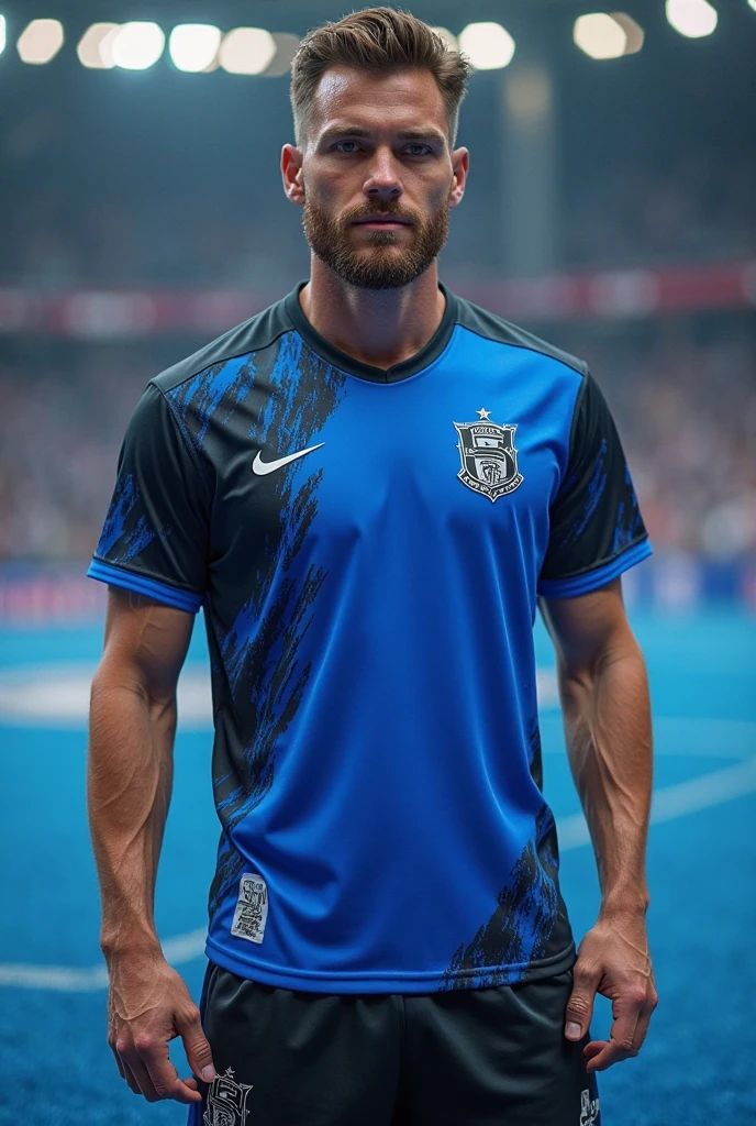 Create a blue and black soccer jersey