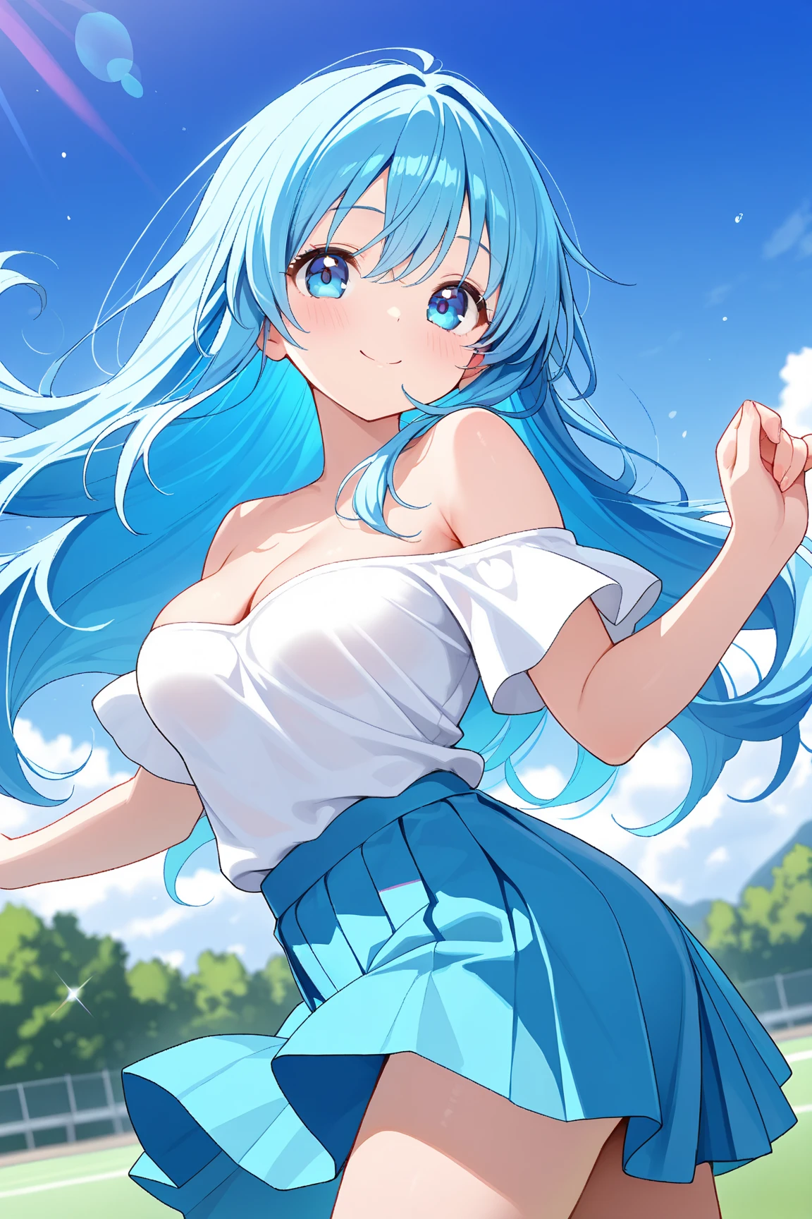 Girl in a long unbuttoned white shirt、Cute white bra、Cute white underwear、barefoot、Girl with super long black hair、Blue Ocean,Cumulonimbus and blue sky、Beautiful breasts、The cracks are clearly visible、Perfect hands、Perfect Legs、Cute mouth、smile