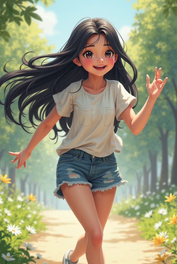 A beautiful girl running through a vast, lush forest, her long black hair flowing in the wind, her expression one of joyful inspiration. She wears a short skirt and earrings, her eyes sparkling and cheeks flushed, sweat glistening on her skin. The scene has a vibrant, anime-inspired aesthetic, with stunning attention to detail and a sense of natural beauty and wonder. The lighting and color palette create a serene, ethereal atmosphere. (best quality,4k,8k,highres,masterpiece:1.2),ultra-detailed,(realistic,photorealistic,photo-realistic:1.37),formula art,beautiful,aesthetic:1.2,girl running,vast world,fresh smile,mini skirt,distant horizon,forest,natural beauty,inspiration,lighting effects,long hair,black hair,large breasts,earrings,flowing hair,blushing,sparkling eyes,sweating,open mouth,smiling teeth,anime style
