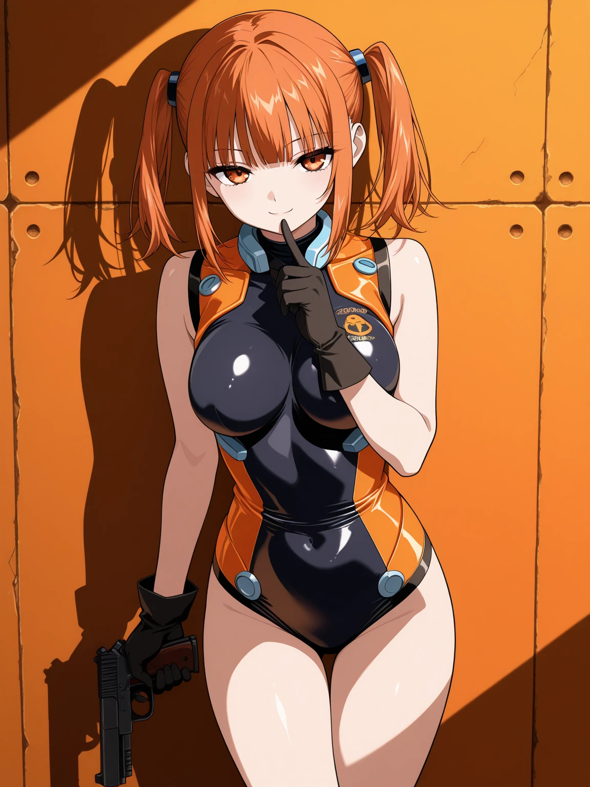 {1girl in},{{{{{masutepiece++, Best Quality++, Ultra-detailed+, 超A high resolution,(Photorealistic:1.4),Raw photo,(Nami)+,(Nami)+,(One Piece NAMI)+,(Onepiece),Orange hair, Girl in black latex full body suit,very aesthetic, Best Quality, absurderes, 1girl in, Empty eyes, Wicked Fall,Brainwashed,}}}}}, {type moon style}, huge tit ,deadpan, Darkness Room,stand and salute