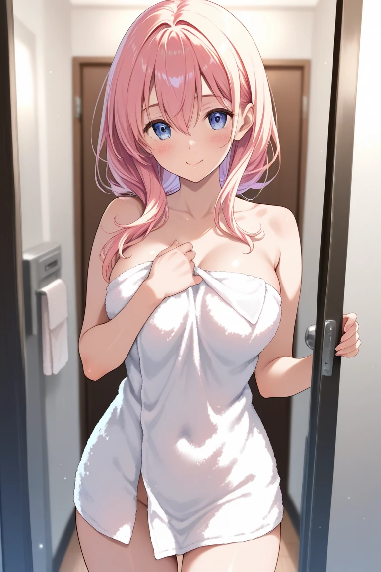 (masterpiece), (top-quality), (Naked:1.3), (White dress with camisole:1.2), (See-through:1.5), (Hide your crotch with both hands:1.3), (See-through:1.5), Thin fabric, (blushed face:1.3)、 (Spilling:1.2)、under the boobs、 sideboob barbosa、 a beauty girl、 Embarrassed look、 Smile、 Very cute、 Clear eyes、 Shining eyes、 Colossal tits、 Tummy is visible、 cleavage of the breast、 lower abdom、 The skin、 ultra-definition、 Pink hair
