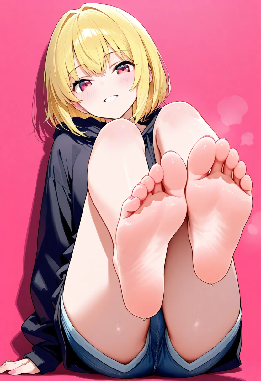 (High definition, high quality),(1 Cute woman, Blonde hair, Medium Hair, Expressions of pain ),( nude),( lie down on one's back, spread legs,on the bed, spread pussy, foot of soles), (nsfw,shot from below:1.2)