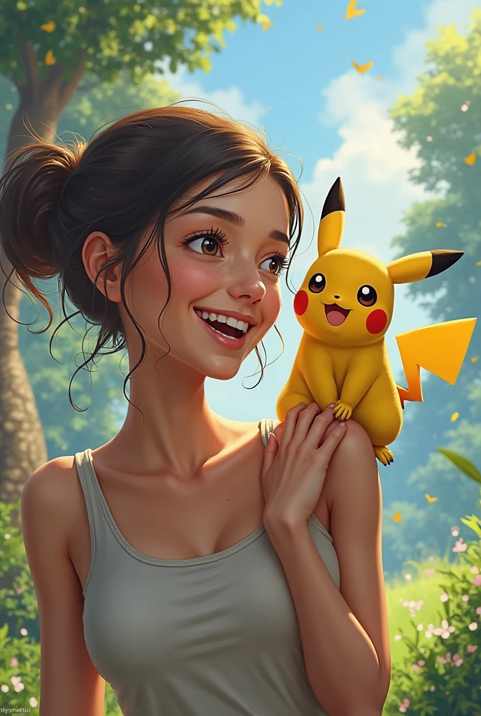 CRIAR UMA ARTE DE ANIVERSÁRIO DE UMA MULHER BRANCA E CABELOS NEGROS, OVERWEIGHT, DO SIGNO DE LEÃO, NA NATUREZA E QUE GOSTA DE POKEMONS COMO SNORLAX PIKACHU, typhlosion, CHARIZARD, SQUIRTLE E BLISSEY, golden hour lighting, highly detailed, cinematic, photorealistic, 4K, HDR, (best quality, 4k, 8k, highres, masterpiece:1.2), ultra-detailed, (realistic, photorealistic, photo-realistic:1.37), beautiful detailed eyes, beautiful detailed lips, extremely detailed eyes and face, long eyelashes, naturalistic, vibrant colors, soft lighting, whimsical, magical realism

