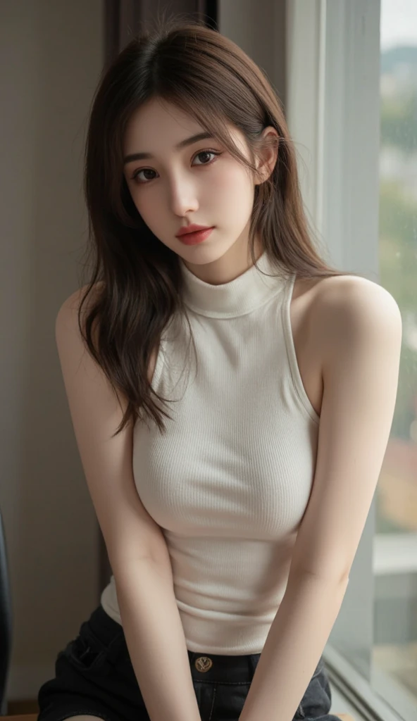 In detail, High resolution, high quality、Perfect dynamic composition, Beautiful attention to detail, Medium Hair, 、Natural color lip,Kamimehibuya、20-year-old girl、1 person、Clear Skin、Shiny Hair、Tabletop, 最high quality, figure, Super detailed, In detail, High resolution, 8K、The correct state of the human body、Randomly cute poses,ponytail,Beautiful feet,Perfect beautiful face,KPOP idol faces,Ecstatic face,Light grey knit dress,Background Blur,Dress up as a model for a women's fashion magazine