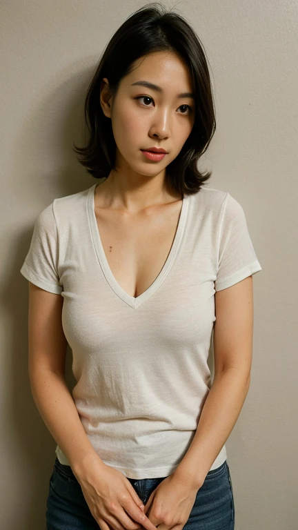 Gravure, From the chest up, Wrinkle,Tabletop, highest quality, Ultra-detailed, Realistic, Ultra-dense skin, Perfect ???????, (1 Japanese Mature), (alone), 75 years old, Large Breasts, Sexy, Pure white skin, View the viewer,Middle-aged women,(Large Breastsの谷間),thigh,room,Indoors, Striped tank top