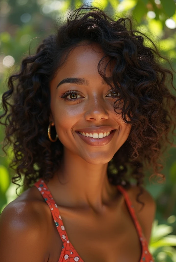 A Brazilian woman in a lush tropical garden, without any clothes, with a close-up capturing the harmonious beauty, showing off your natural charm and outgoing personality.
