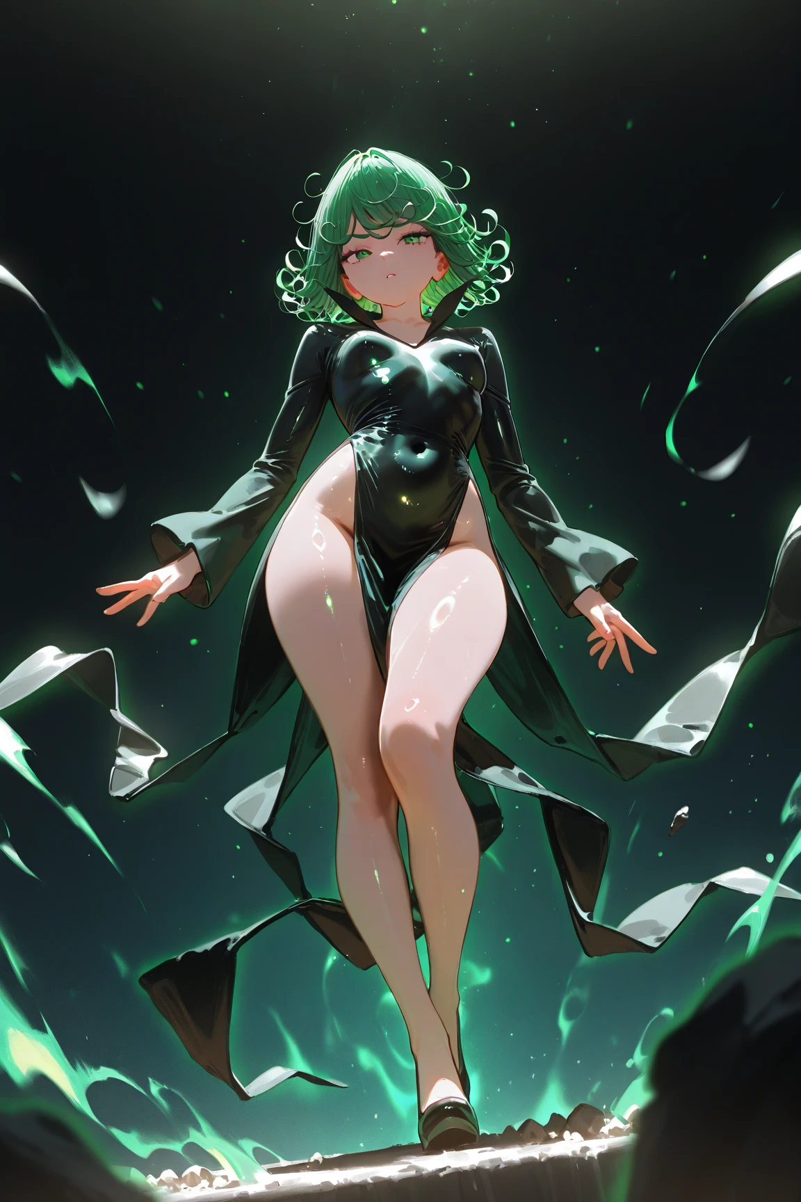 {{{tatsumaki}}}, {one punch man},
{{{{amazing quality, great quality, high quality, very aesthetic, aesthetic, best quality}}}},
realistic, photo, shadow, Three-dimensional, absurdres, Digital art,
{{{{Magical girl}}}}, beautiful girl, one girl,
green hair, shiny hair, green eyes, slanted eyes, big eyes, round eyes,
{{flat chest}}, {{small breasts}}, {{detailed body}}, slim thighs, thin thighs,
black tight dress, long skirt, {{side slit skirt}}, {{skirt with pointed hem}},
sleeves are wide open, {{{collar up, raise one's collar, dress that opens to the chest}}},
A trench coat-like dress with an upturned collar
black high heels, bare hands, {{{barefoot}}}, don't wear tights,
No panties, no bra, distress, resistance, defeat, inferiority, absurdres, aroused, sexual pleasure, troubled face, shy,
orgasm, sensitive body, Sweat, trembling, torn clothes, wet clothes, melted clothes, transparent clothes, damaged clothes, big monster, pink monster, cute monster, monster attack the girl,