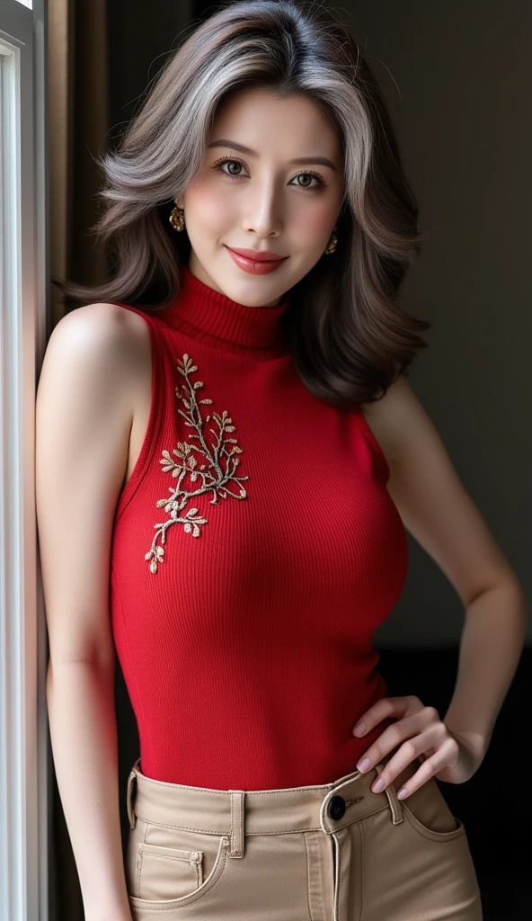 (She is wearing a shiny red elegant cross halter mermaid dress。。: 1.3), ((innocent and cute girl: 1.3)), (focus on the face: 1.2), (sexy face:1.2), (Voluminous layered hairstyles, brown hair, wavy hair, long hair), big breasts, (cowboy shot), (Inside the party venue), ((A place where celebrities and famous people gather:1.2)), ((seduction pose on Instagram:1.3)), perfect body, looking at the viewer, break, (masterpiece: 1.3), maximum resolution, Ultra HDTV, cinema light, Ultra HDTV, (fine eyes and Skin), (detailed facial features), HDR, 8K resolution, sharp focus: 1.2, perfect style, beautiful face, Highly detailed face and skin texture, fine eyes, double eyelid, thin eyebrows, glitter eyeliner: 1.2, natural cheeks, shiny skin, Fair skin, small shiny necklace and earrings, (glossy lips: 1.4),cowboy shot