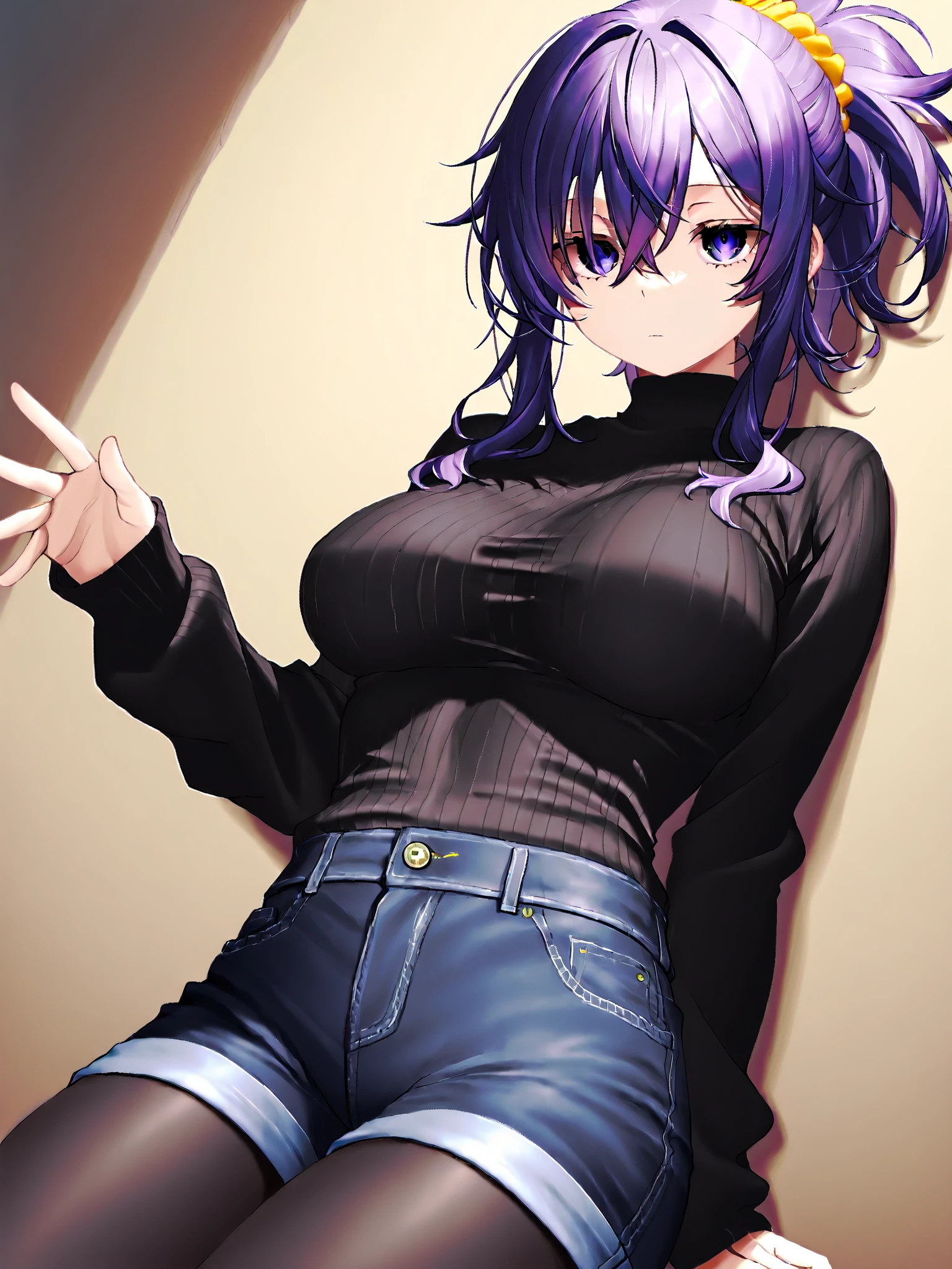 (*****, top-quality, 8K, masterpiece, Top image quality, Hi-Res, super detailing, Ultra HD, (Delicate and smooth skin, real looking skin, Perfect and beautiful face ,Perfect and cute face, high detail skin, Perfect limbs)),, girl , arm behind back , black shirt , blurry background , blushing, heavy breathing , cumdrip , indoors , staring at viewer , medium breasts , purple eyes , purple hair , holding shirt down , short sleeves , solo , steaming body , sweating, leaning forward, no pants, no underwear, yuuka (blue archive), sexy pose, holding butt plug in hand