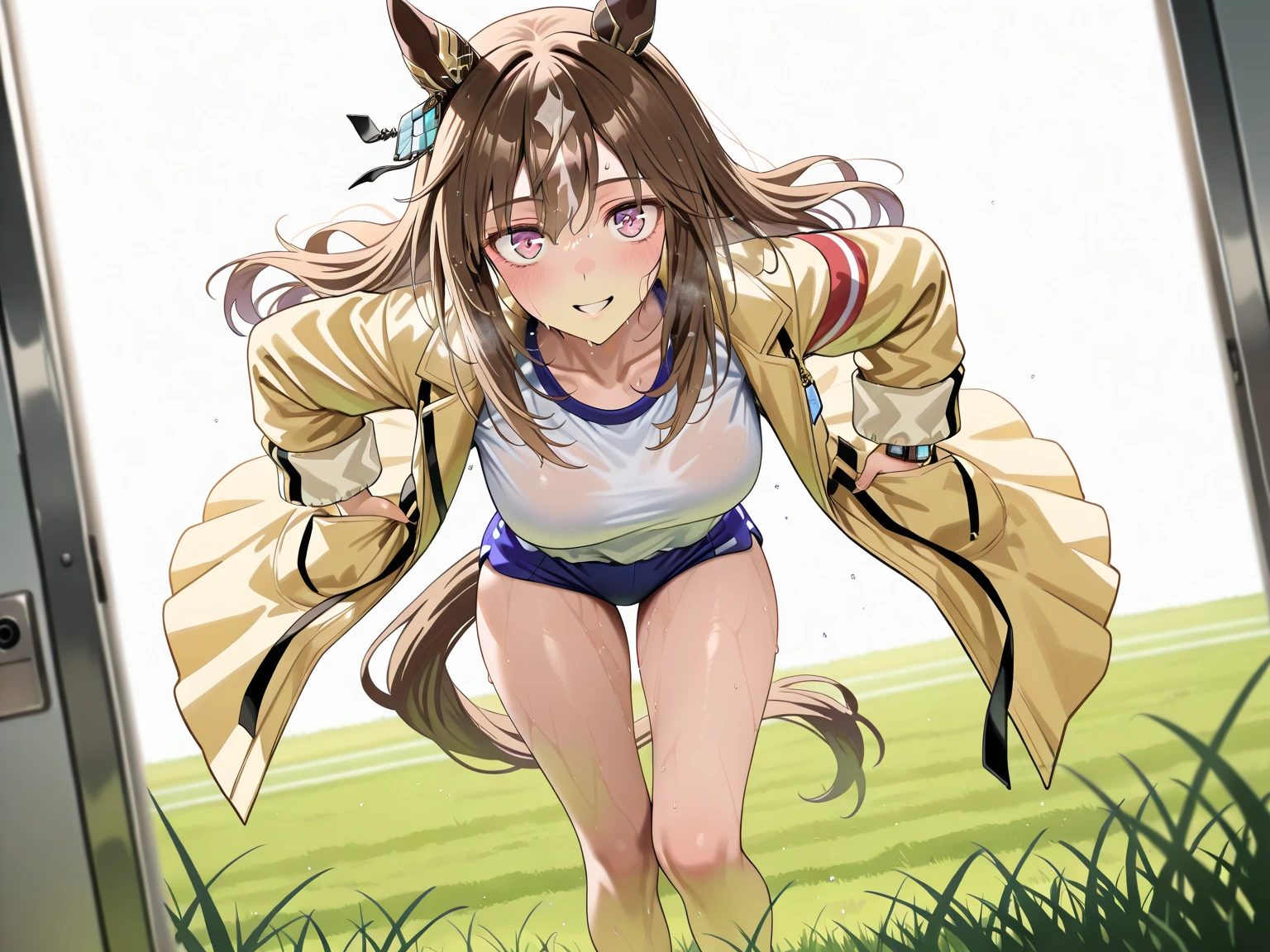 Adult slim dog girl, nsfw ((dog ears)), ((dog tail)), kneeling on her knees, extremely happy, crazy, and excited expression, beautiful detailed eyes, outside at a park (lush greenery), playful pose, (((wearing oversized shorts))), (((shirtless))), (((exposed breasts))), soft sunlight, 8k, UHD, masterpiece, vibrant colors, detailed background, fresh atmosphere, light breeze, serene environment, nature elements, bright sky