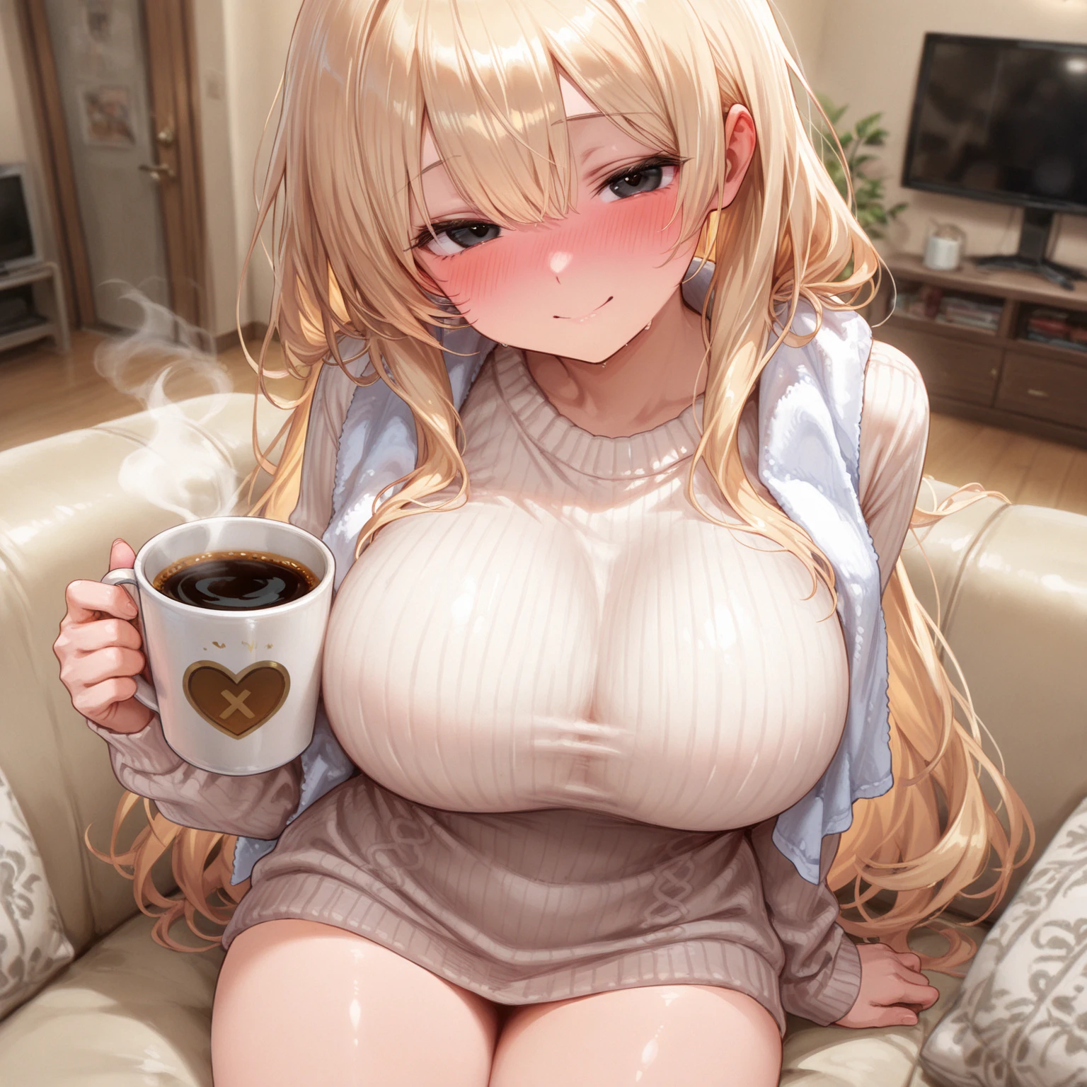 Photoreal、Chibi girl surprised by artistic cafe latte art、big big coffee cup、girl inside coffee cup、Super big breasts、camel toe、huge tit、nipple puff、cleavage、Adult atmosphere、Temptation、lure