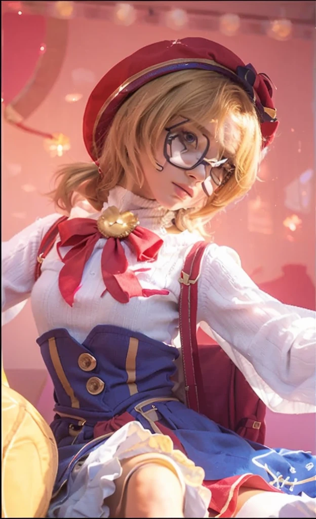 (8k, RAW photo, photorealistic:1.25) ,( lipgloss, eyelashes, glosace, glossy skin, best quality, ultra highres, depth of field, chromatic aberration, caustics, Broad lighting, natural shading,Kpop idol) looking at viewer with a serene and goddess-like happiness, yellow hair,girl wear glasses