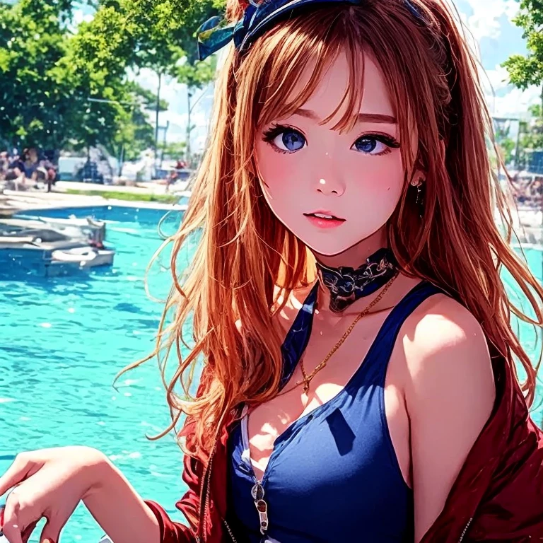 diy7,A young woman lounging poolside on a deck chair in a bikini with high heels, bathed in the warm glow of the setting sun, looking relaxed and comfortable, surrounded by palm trees, swimming pool in the background, a cocktail umbrella on her lap, sandy beach stretching out in the distance, sky painted with hues of orange and pink, dolphin swimming in the distance, tranquil atmosphere, beautiful and serene environment, resort vacation, masterpiece, high quality, photorealistic, cozy atmosphere, detailed character, detailed environment.