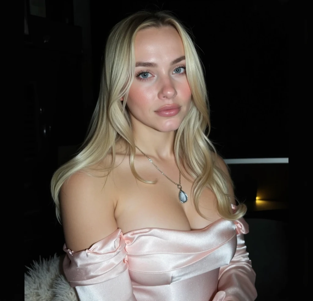 (photograph of Sydney, in pink silk robe), ((looking at viewer)), photorealistic, large breasts, tight silk floral pyjamas, seductive, face and body focus, instagram selfie