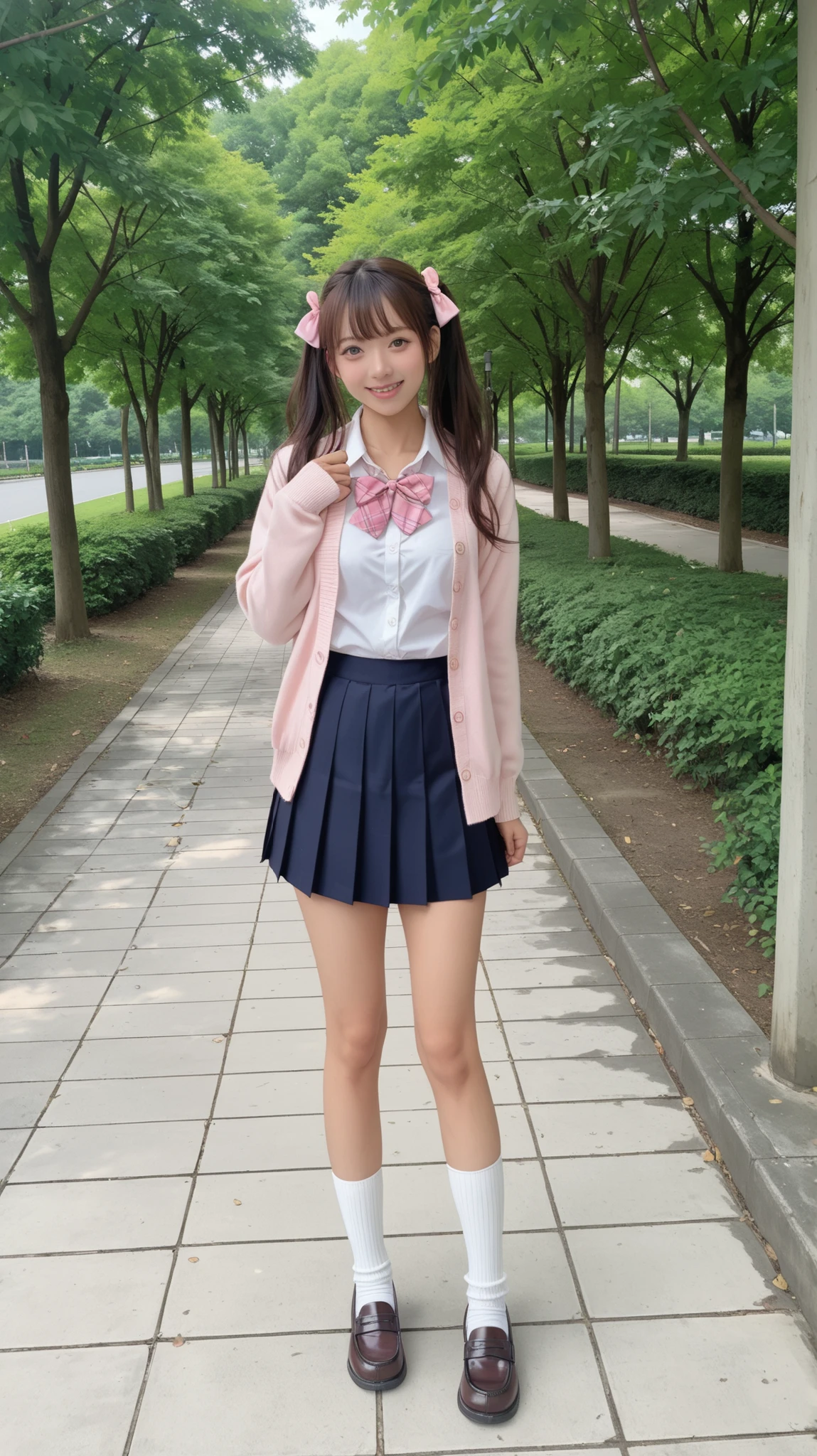 A cute Japanese high school girl posing in a sunny park with a cheerful and stylish look. She is wearing a soft pink cardigan over a white blouse, complemented by a large pink ribbon tied at the collar. Her pleated skirt features a navy and white plaid pattern, typical of Japanese school uniforms. She wears long white leg warmers over classic brown loafers, reminiscent of 2000s "gyaru" schoolgirl fashion. Her hair is styled in high twin ponytails tied with pink bows, and she has full bangs framing her youthful and charming face. She stands slightly leaning to one side with a sweet smile, giving off a shy but confident aura. The park background features lush green trees, a well-maintained pathway, and sunlight filtering through the leaves, creating a warm, peaceful, and slightly nostalgic atmosphere.