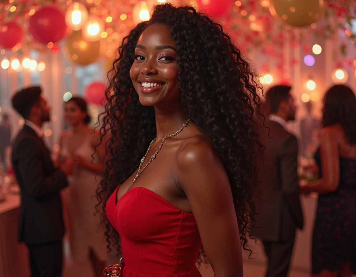 very beautiful((with brown skin))年轻,((Detail of big brown eyes))Long eyelashes,((perfect heart shaped face))((Detailed realistic skin with imperfections))detailed skin textures,((Charming girl with dimples)) ,((Warm smile and dimples)),attractive beautiful,*Wearing a red satin dress* ((hyper realisitc))((Perfect braids))((realistic hair texture))((girl with dimples))on Pinterest.((standing outside a modern mansion))