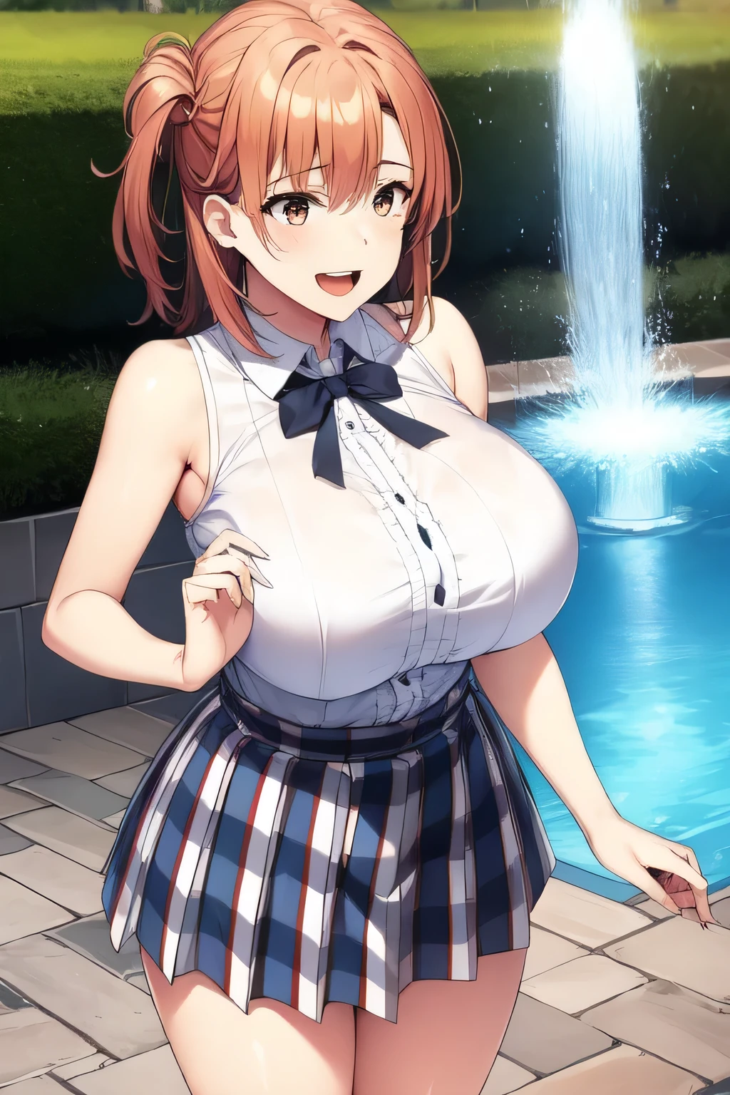 Can you draw a woman laughing in front of a fountain,,Big breasts,sleeveless blouse,pleated miniskirt,Please give me an accurate representation of hands and legs,, , Big breasts, Thin Waist , , ,I definitely need a face,I'm having fun alone,
