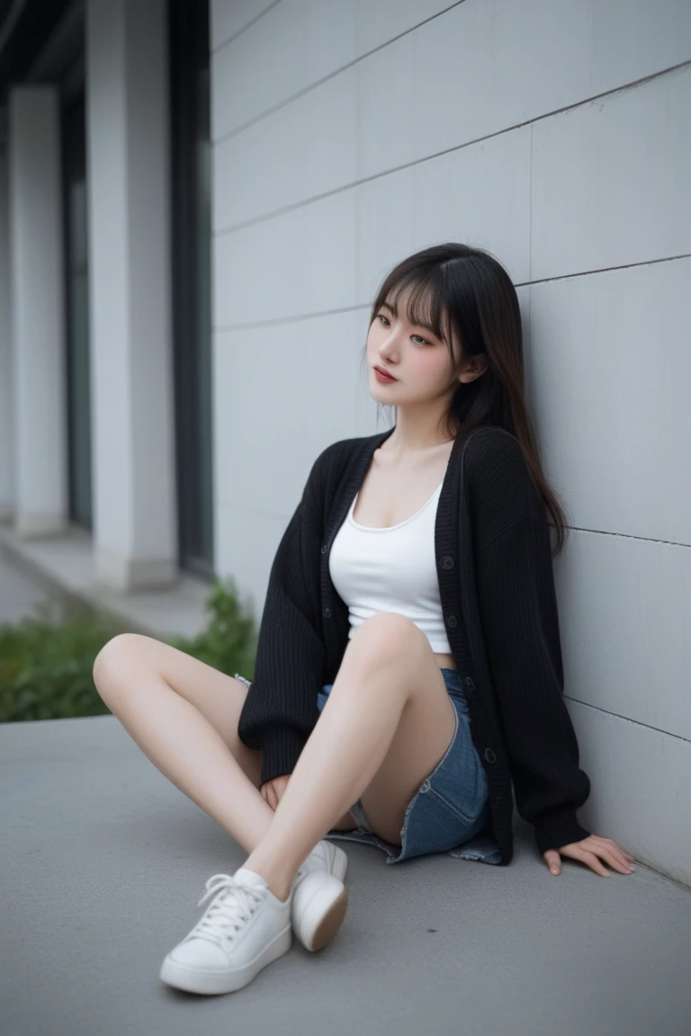 ((Best picture quality, 8K, tmasterpiece:1.3)), 1girll, Casual hairstyle, (off-shoulder blouse,Short pleated skirt:1.3),(wet see through clothes:1.4),Ultra-fine face, A detailed eye, 二重まぶた,(long leges:1.4),(athletic sneakers:1.3)Erlang legs,Sit sideways on a high platform