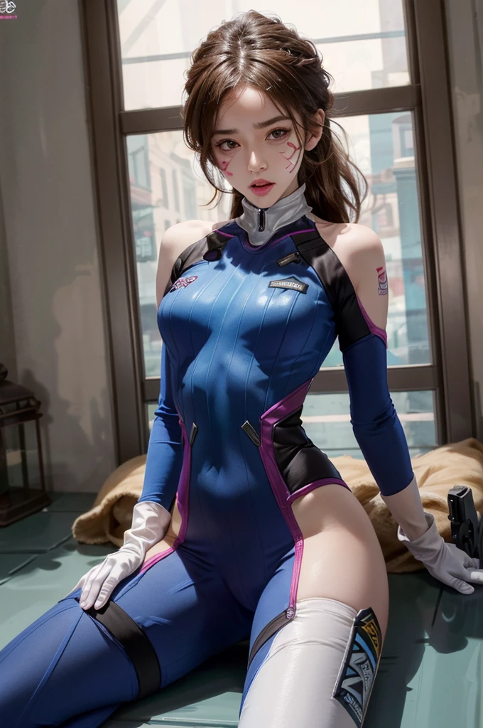 (light style),(masterpiece),8K,((ultra-detailed)),(highly detailed CG illustration),(expressionless), vivid,(best quality:1.2),(1girl:1.4),(finely detailed beautiful eyes and detailed face),High quality texture, detailed texture, High quality shadow, brown eye pupil, Depth of field, perspective, (looking at viewer:1.2), perfect body, full body, standing, (front view),(DVaOver:1.3), (white skin:1.3), perfect hands, 20s, thin body, (narrow waist), (thin legs), sexy, medium breast, headphones, ribbed bodysuit,pilot suit,white gloves,long sleeves,blue bodysuit,blue leggings, ponytail,shoulder pads:1.3, d.va (overwatch), small head, at Japanese school, [cherry blossoms], (open clothes, chest cutout:1.3), thighs,(NFSW),<lora:rita_4:0.6><lora:add_detail:0.8><lora:DVaOver:0.8>