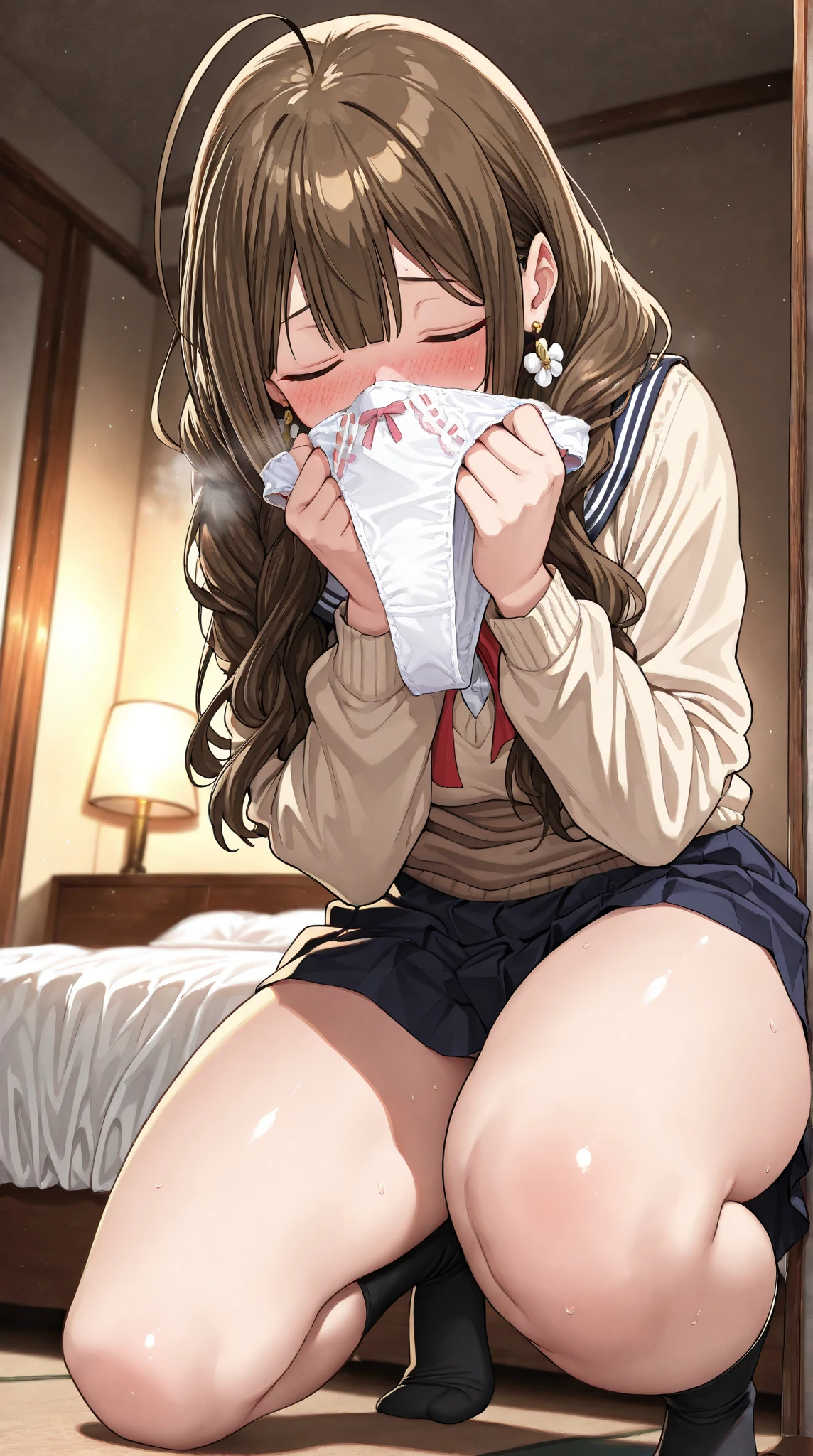 (Tabletop、8k、masterpiece、最high quality)、((Half Up))、(Vibrant colors,Soft Shadows,Beautiful brushwork,Attention to detail,perfect render,rich skin tone)), Brown eyes、Brown Hair、Messy Long、Fluffy hair、Delicate eyes、((Scared))、Adorable, Light brown sweater、((Scared)), Most detailed, high quality、(((cry)))、(missionary, 1boy, penis, lying, vaginale, ass pov, spread legs, sex, nsfw)、nose blush、steam、Shiny Hair、Very fine and beautiful bright eyes、Very detailed, clear and beautiful face, Awards, Anatomically correct