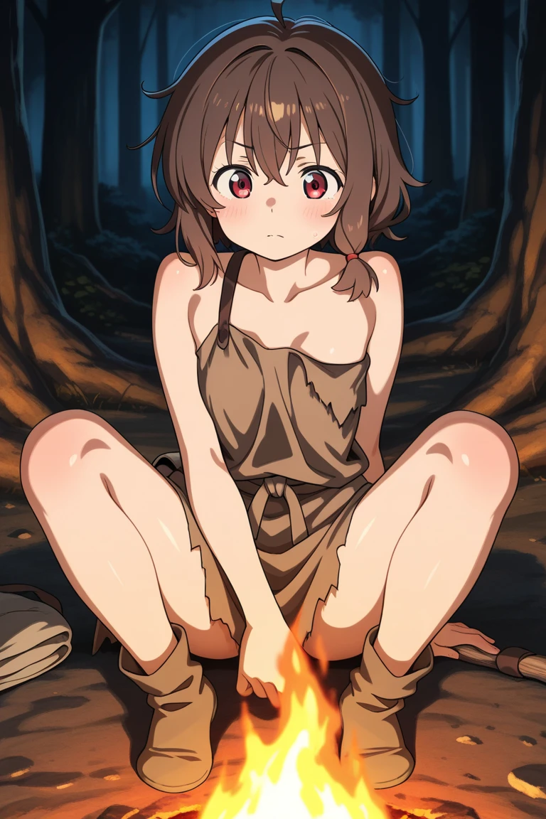 (((masterpiece, highest quality:1.2))),nsfw,after rape,1woman,20 year old beauty,Explorer,.solo,((very small head:1.3)),(tan skin:1.2),brown hair,ponytail hair,brown eyes,blunt,((very long and slender body:1.3)),toned body,skinny,medium breasts,shiny skin,oily skin,sweat:1.4,tears,open mouth,drooling,naked,nipples,clavicle、navel、vagina,creampie,bukkake:1.5,excessive cum:1.6,lying,spread legs,arms up,Brown sleeping bag、In a dark cave、Rocky area、Bonfire light、